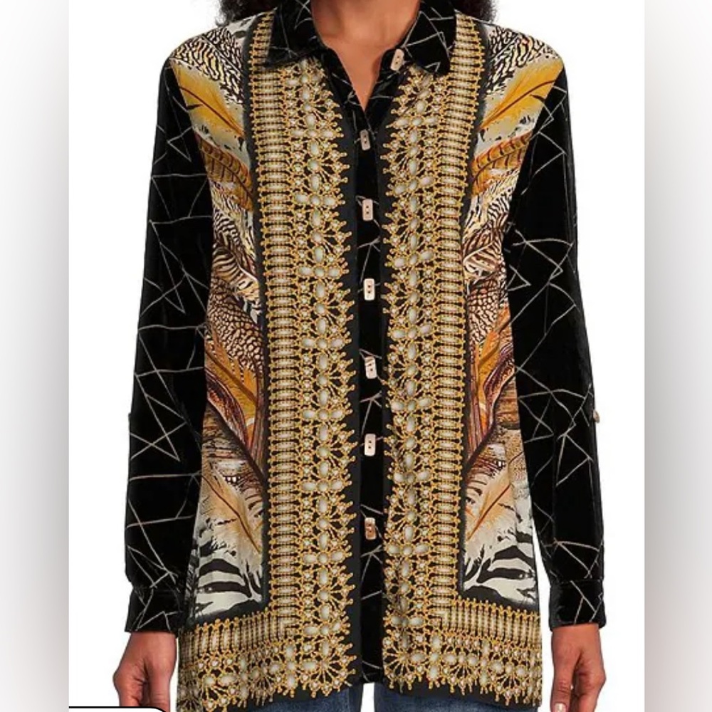 Feather print point collar John Mark tunic
